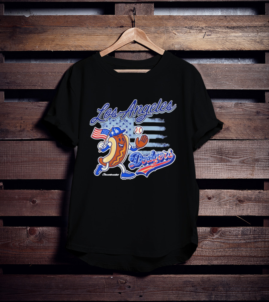 Los Angeles Dodgers Hot Dog Baseball American Flag Stars T-Shirt