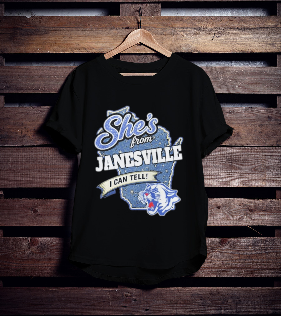 She's From Janesville I Can Tell With Wisconsin Map And Wildcat T-Shirt