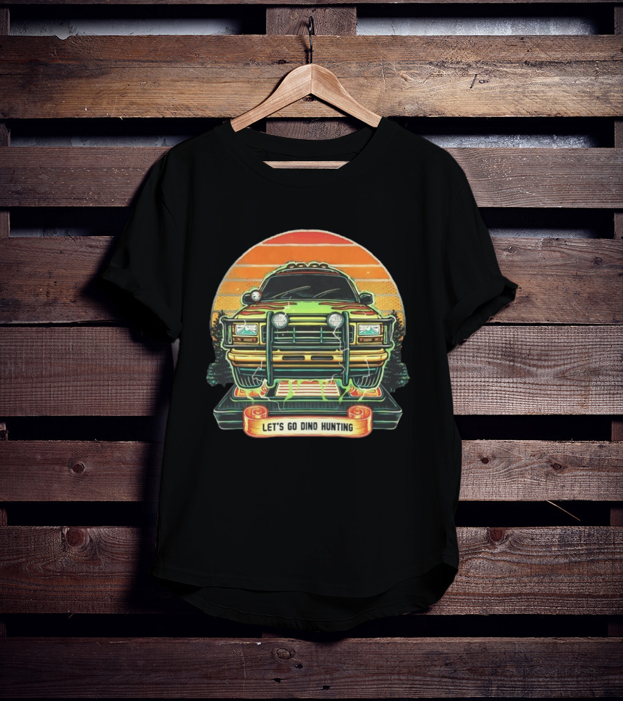 Jurassic Park Let's Go Dino Hunting Adventure Off Road Vehicle Sunset Scene T-Shirt