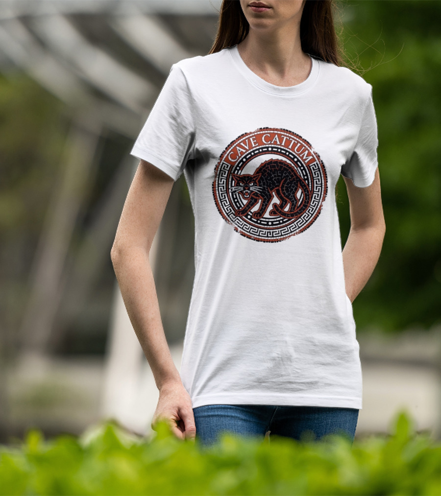 Cave Cattum Angry Cat Mosaic Roman Warning Sign T-Shirt