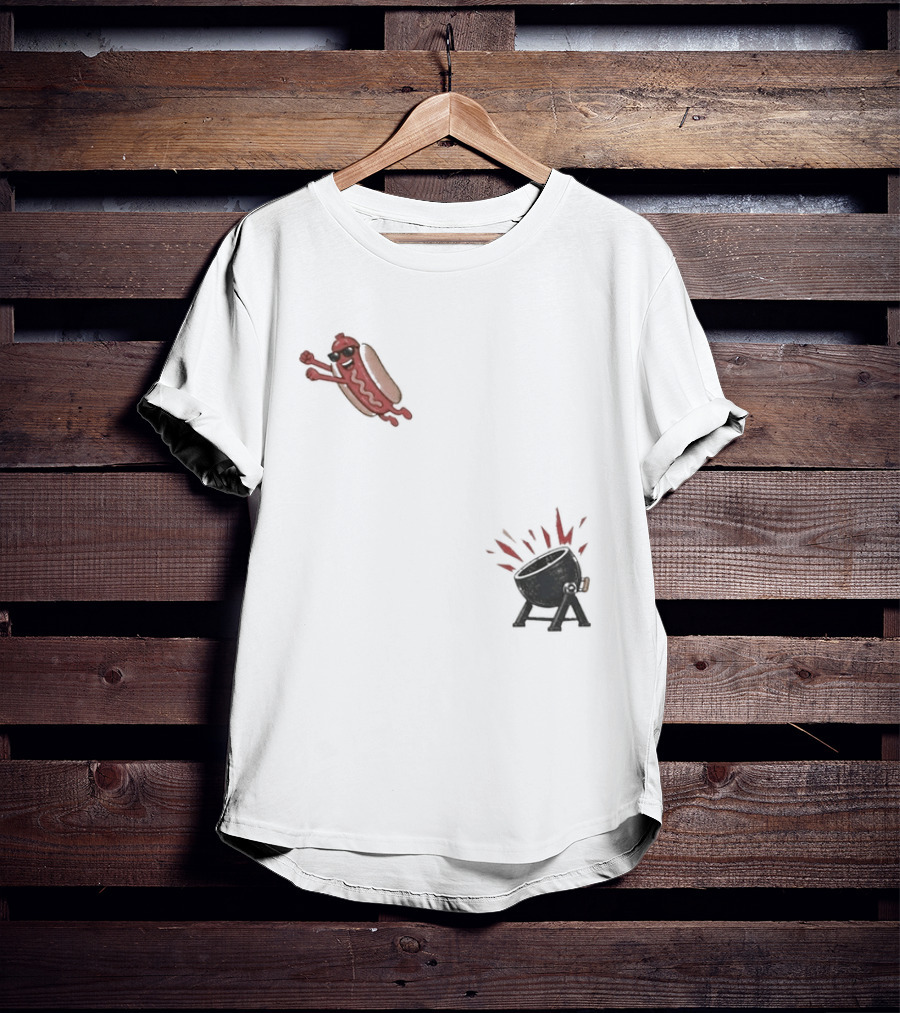 Hot Dog Jumping Into Grill Cartoon T-Shirt