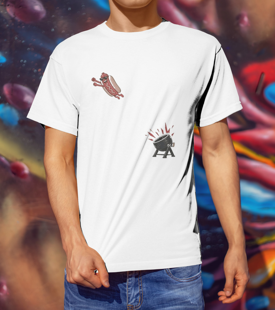 Hot Dog Jumping Into Grill Cartoon T-Shirt