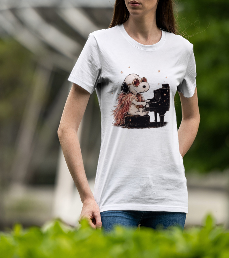 Snoopy Elton John Playing Piano Under Starry Nights T-Shirt