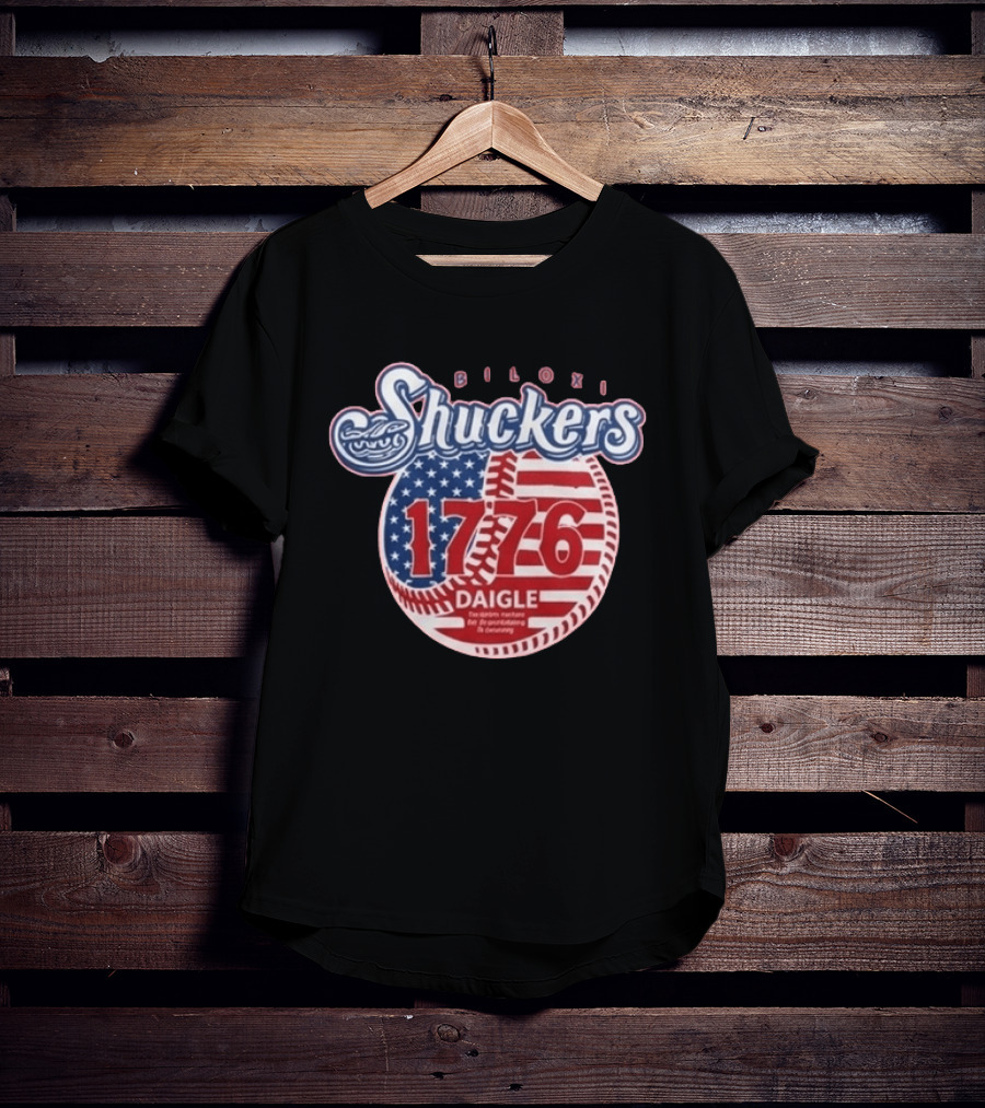 Biloxi Shuckers 1776 American Flag Baseball Daigle Text Stars Stripes T-Shirt