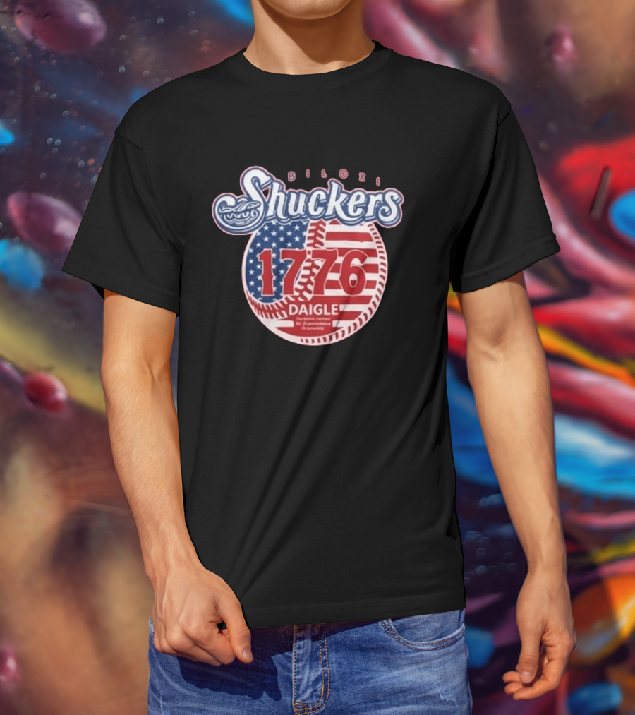 Biloxi Shuckers 1776 American Flag Baseball Daigle Text Stars Stripes T-Shirt