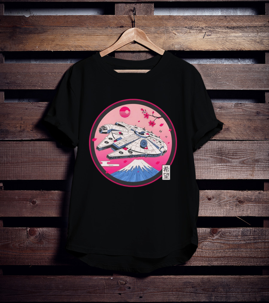 Millennium Falcon Over Fuji Cherry Blossoms Hope Kanji Circle T-Shirt