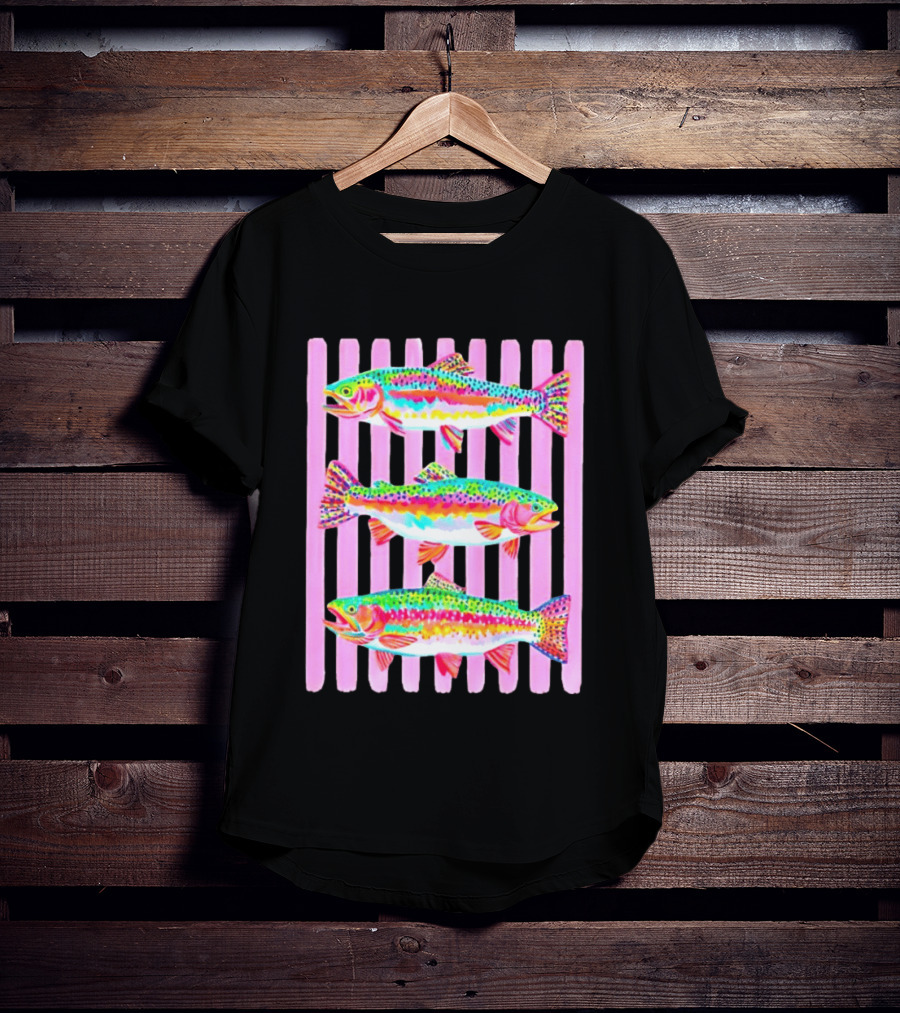 Rainbow Trout Fish Three Swimming Pink Vertical Striped T-Shirt