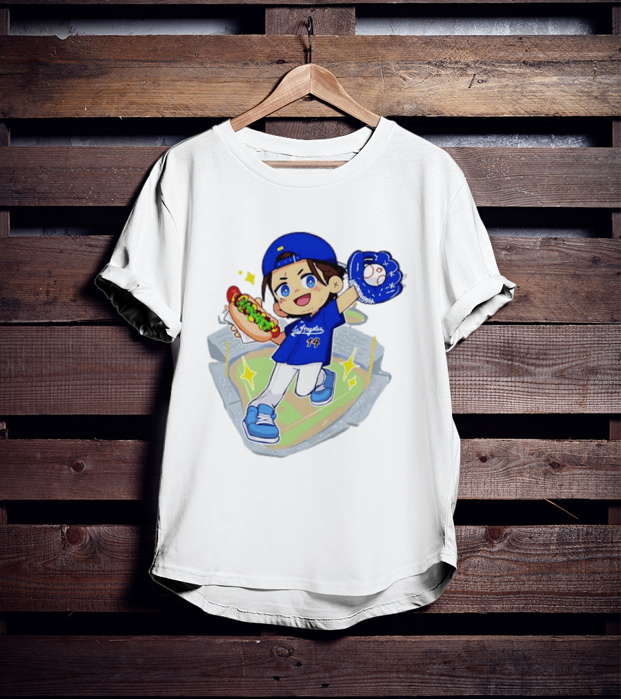 Enrique Hernandez Los Angeles Dodgers 14 Cartoon Style Baseball Glove And Hot Dog T-Shirt