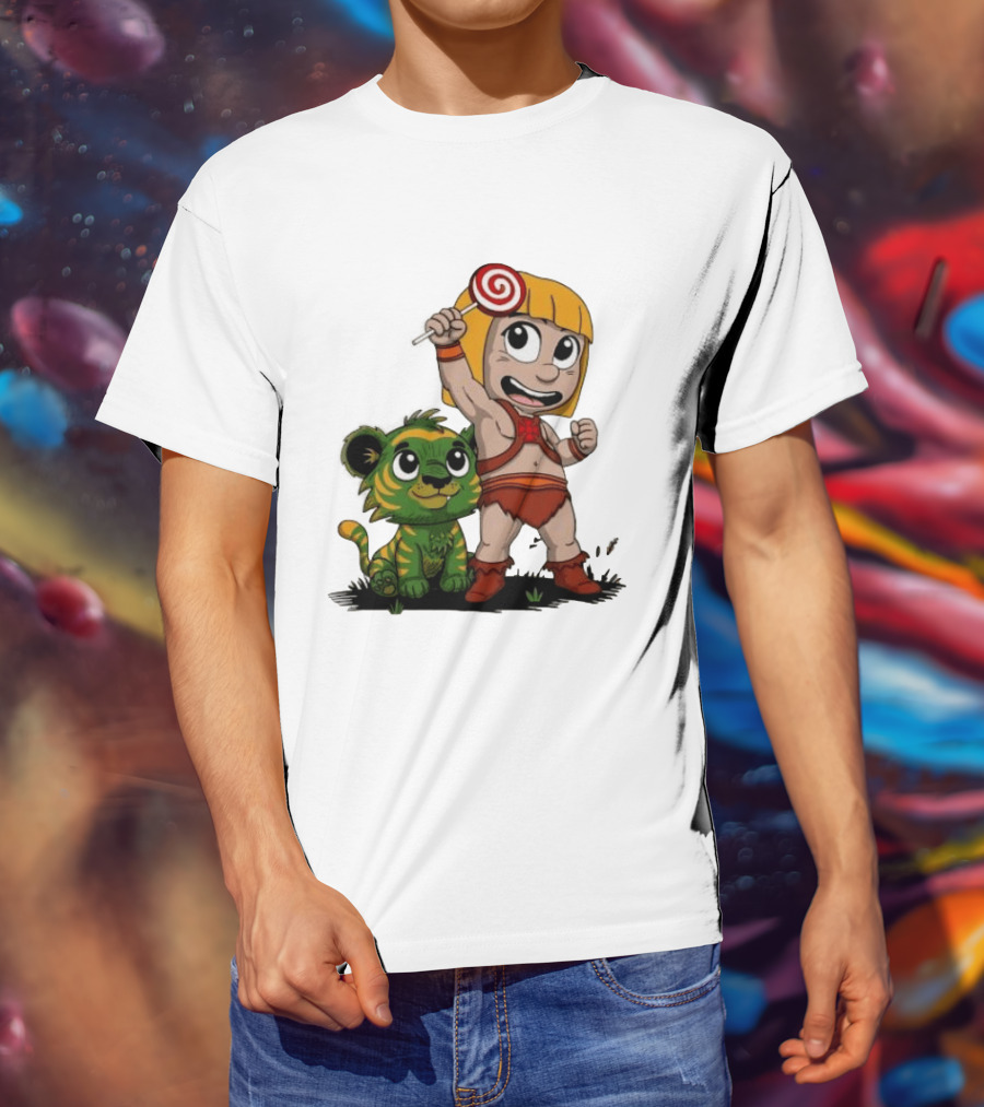 Master Of Kindergarten He Man Chibi With Tiger And Lollipop T-Shirt