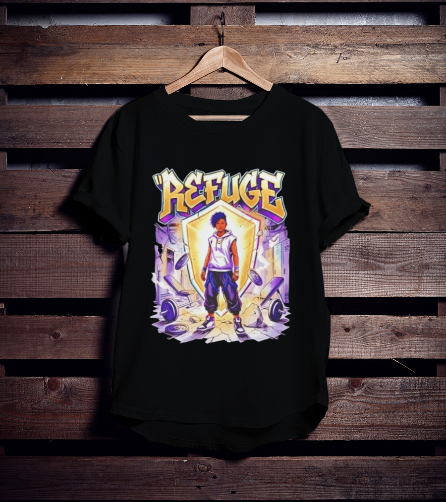 Refuge Strength God Shield Manga Style Weightlifting Motif T-Shirt