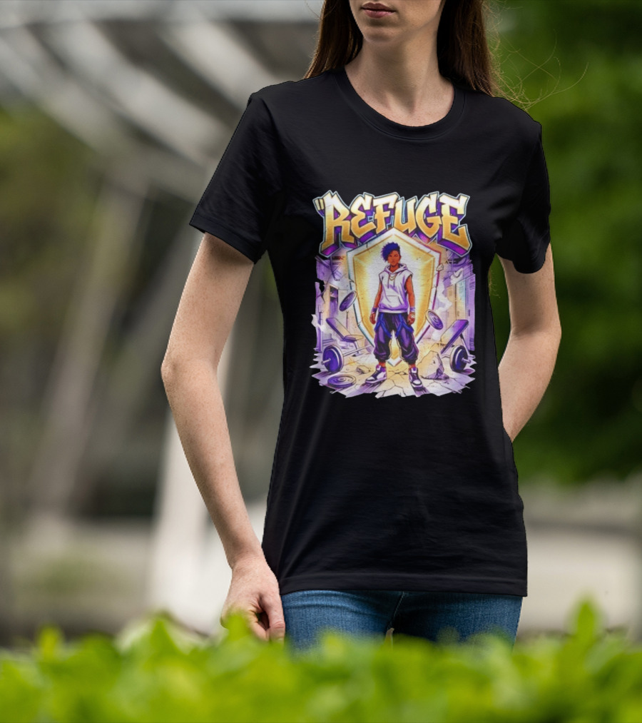 Refuge Strength God Shield Manga Style Weightlifting Motif T-Shirt