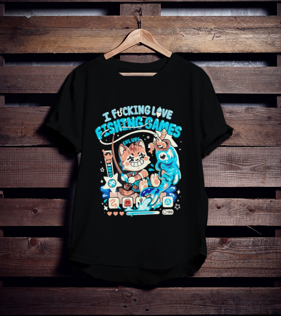 I Fucking Love Fishing Games XP Splash Cute Cat With Fish And Hearts T-Shirt