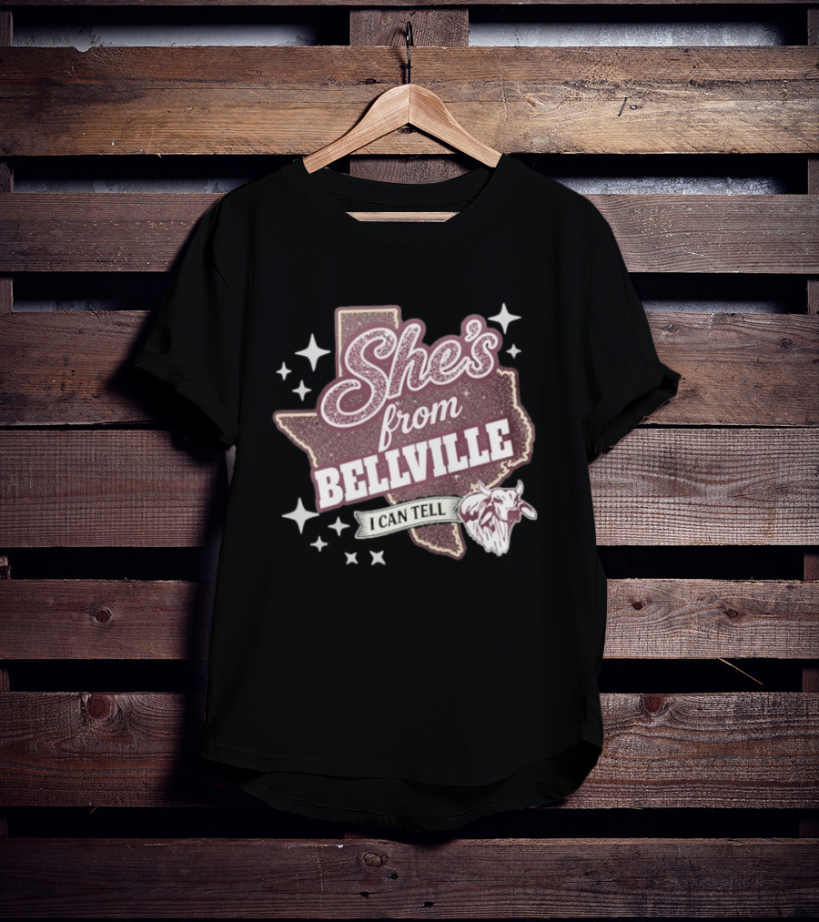 She's From Bellville I Can Tell Texas Map Stars Cowhead T-Shirt