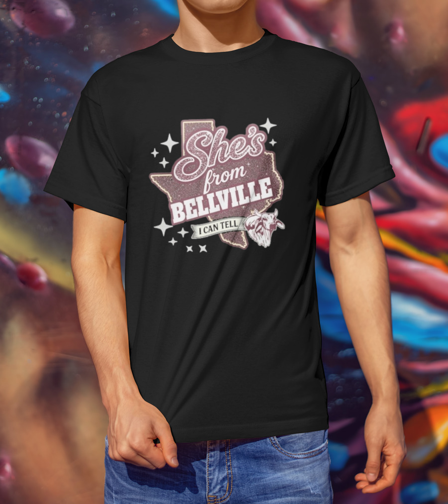 She's From Bellville I Can Tell Texas Map Stars Cowhead T-Shirt