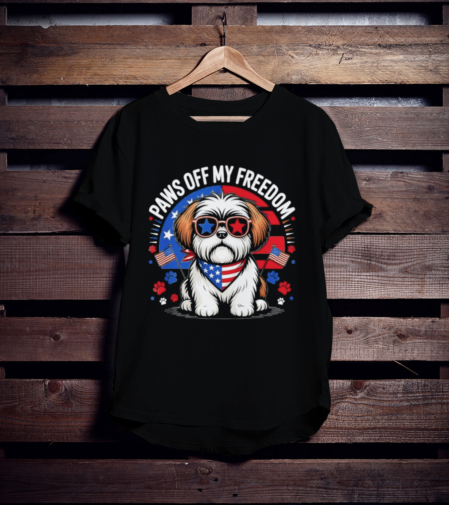 Paws Off My Freedom Shih Tzu American Flag Sunglasses Stars And Stripes T-Shirt