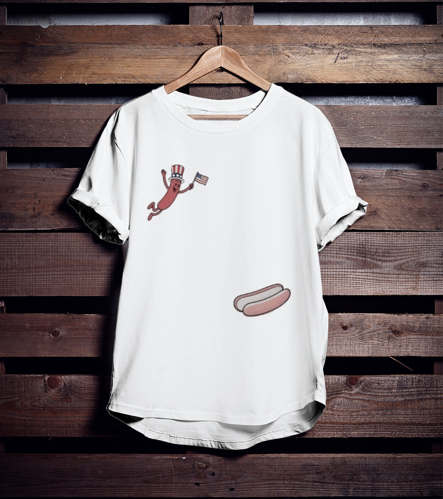 Hot Dog Wearing USA Flag Hat Jumping With American Spirit T-Shirt