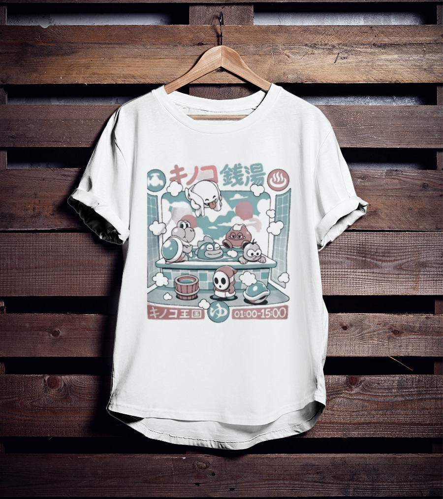 Mushroom Bathhouse Ilustrata Onsen Adventure Kanji Pixel T-Shirt