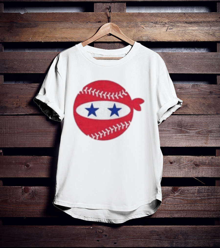 Pitching Ninja Baseball Two Blue Stars Red Baseball Stitches T-Shirt