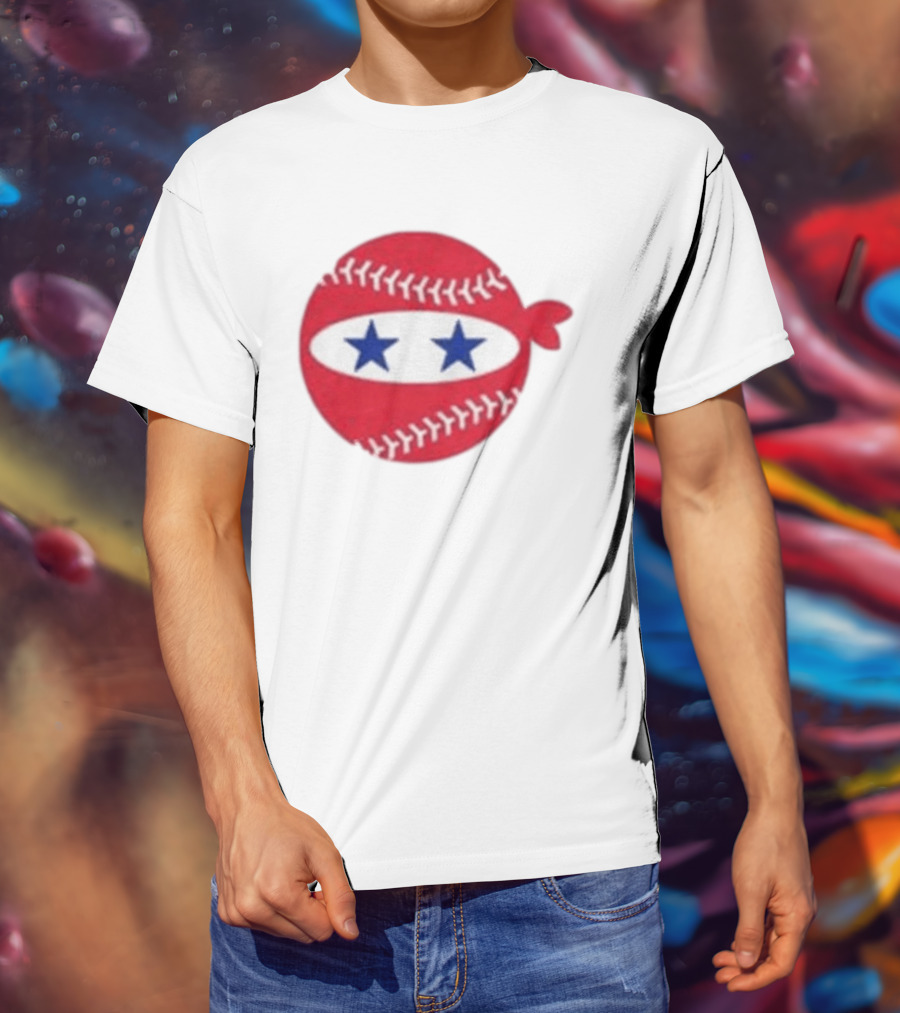 Pitching Ninja Baseball Two Blue Stars Red Baseball Stitches T-Shirt