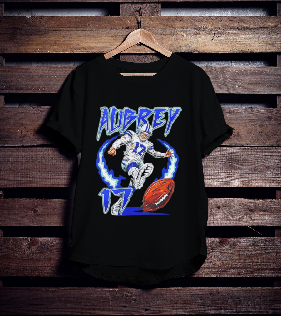 Aubrey 17 Dallas Football Player Kicking With Blue Lightning T-Shirt
