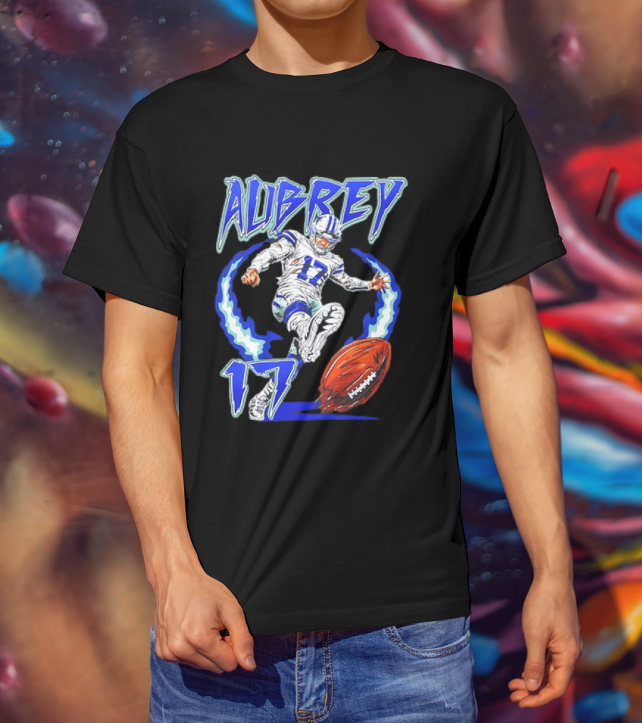 Aubrey 17 Dallas Football Player Kicking With Blue Lightning T-Shirt