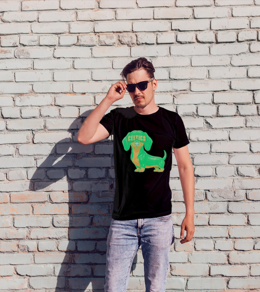 Boston Celtics Dachshund Cartoon Glasses T-Shirt