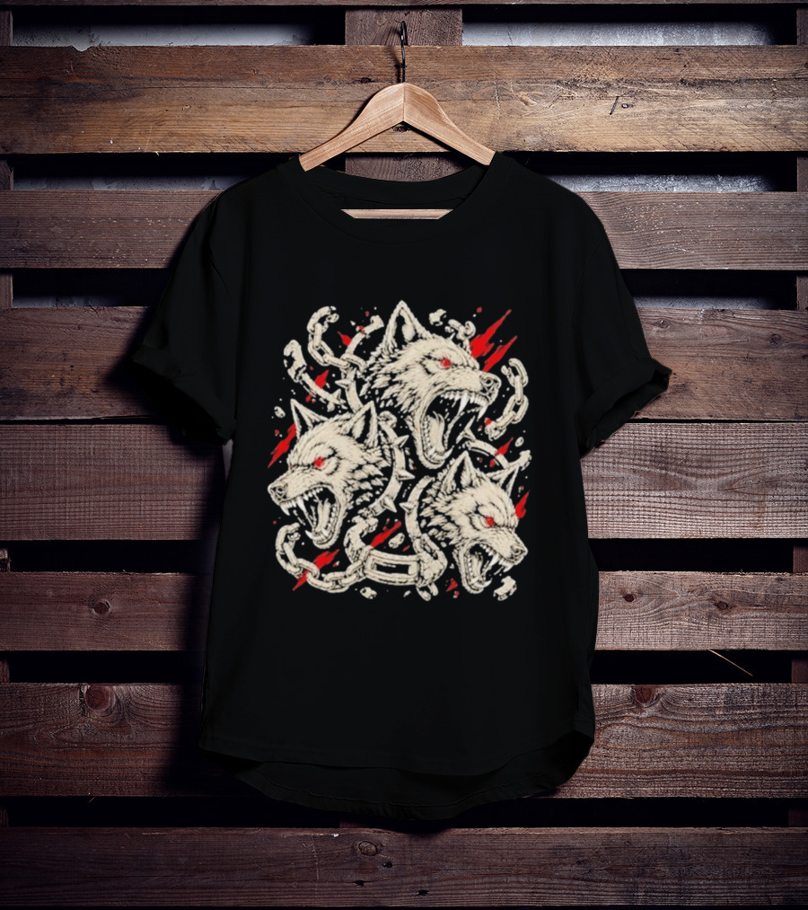 Three Headed Wolf Cerberus Mythical Beast Chains And Red Accents T-Shirt