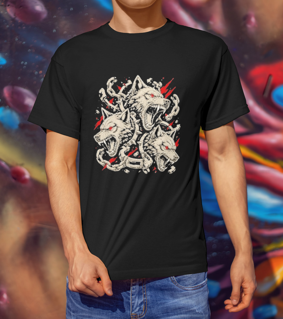 Three Headed Wolf Cerberus Mythical Beast Chains And Red Accents T-Shirt