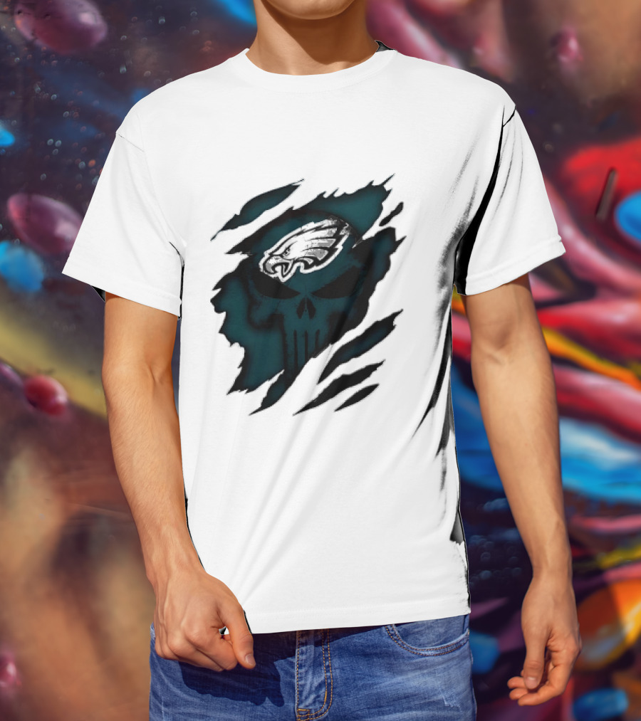 Philadelphia Eagles Punisher Skull Ripped Effect NFL Team Merchandise T-Shirt