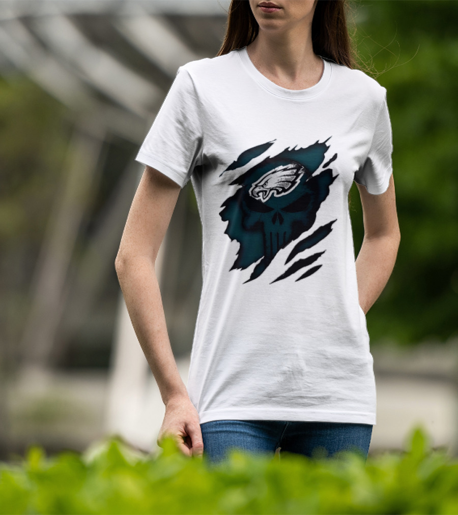 Philadelphia Eagles Punisher Skull Ripped Effect NFL Team Merchandise T-Shirt