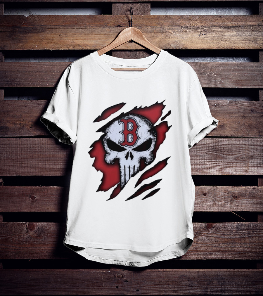 Boston Red Sox Skull Punisher Shredded Effect T-Shirt