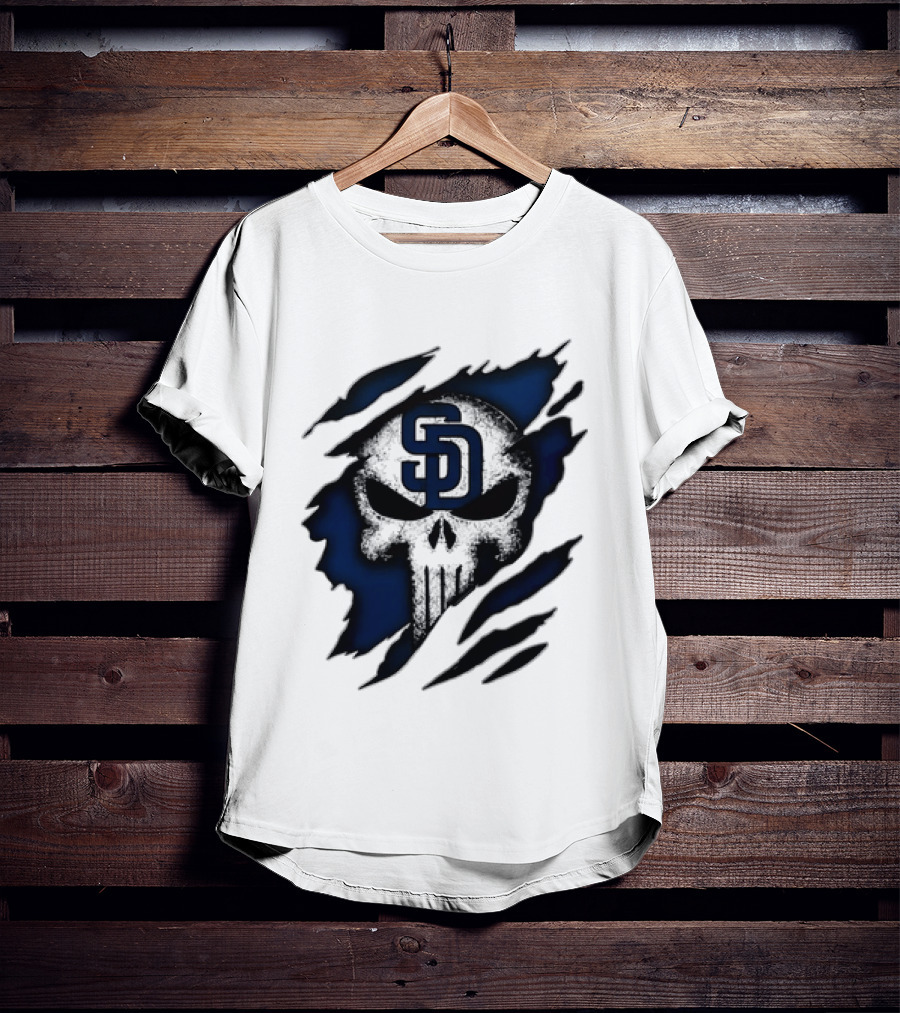 SD Punisher Skull Ripped Fabric San Diego Padres T-Shirt