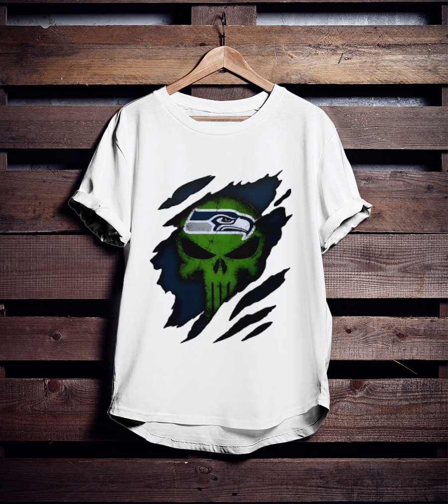 Seattle Seahawks Punisher Skull Ripped Fabric T-Shirt