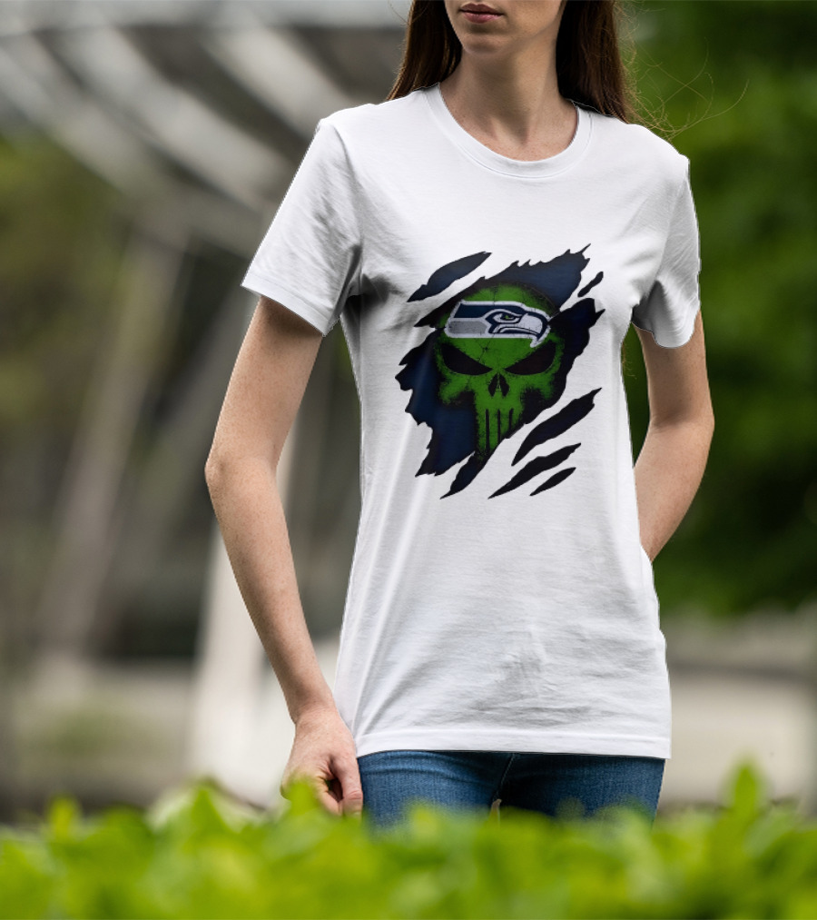 Seattle Seahawks Punisher Skull Ripped Fabric T-Shirt