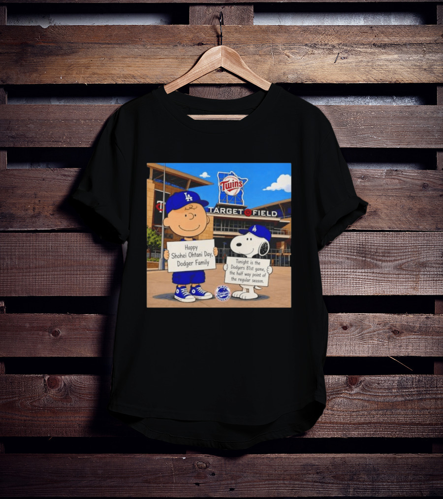 Snoopy And Charlie Brown Happy Shohei Ohtani Day Dodgers Twins Target Field T-Shirt