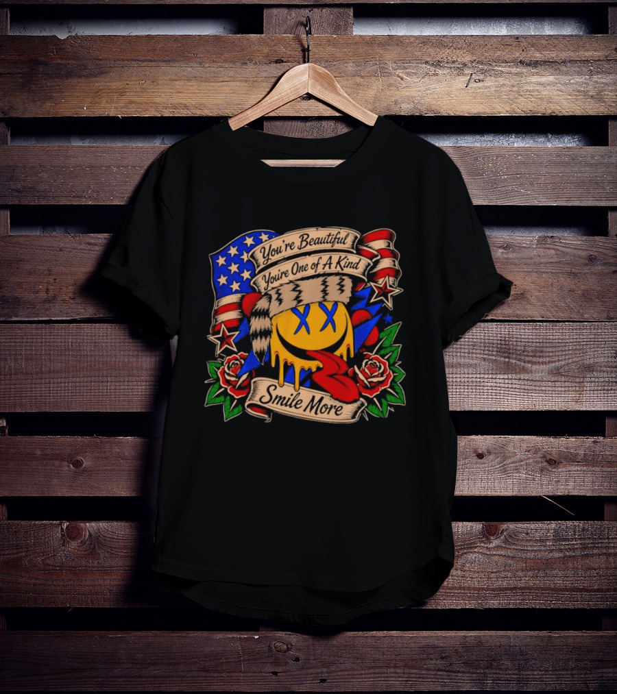 Smile More You're Beautiful You're One Of A Kind American Flag Roses Smiley Face T-Shirt