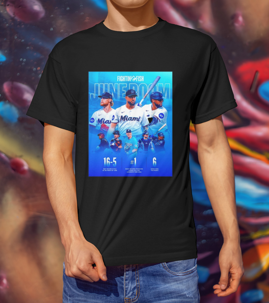 Fighting Fish Miami June Boom Sandy Alcantara Franchise Record T-Shirt