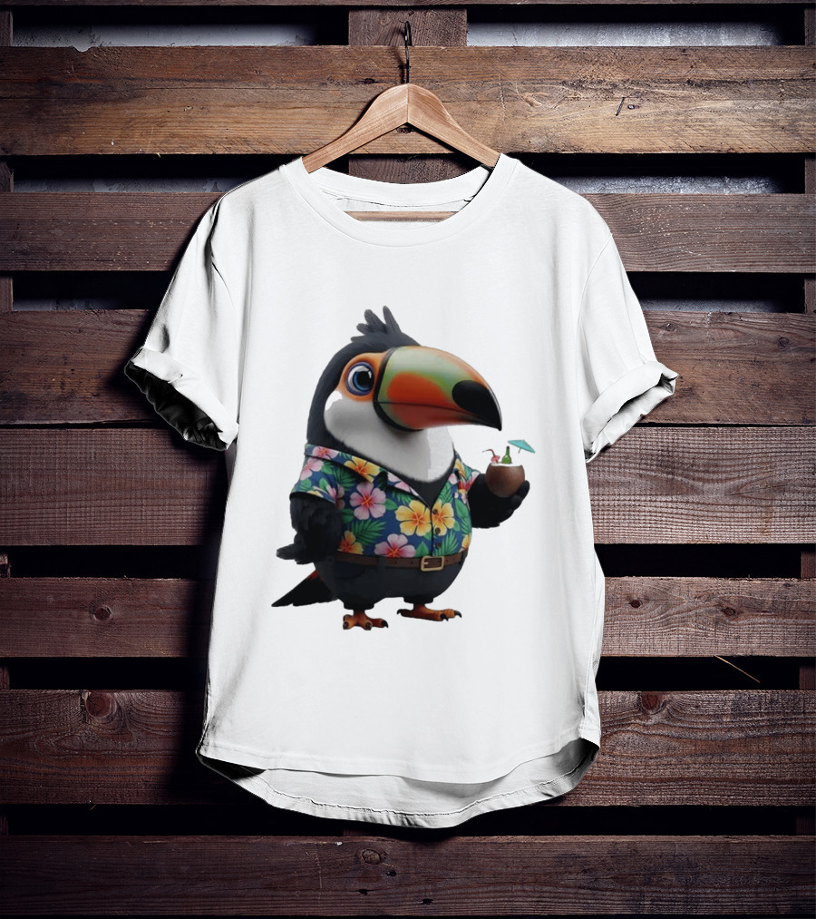 Cartoon Toucan In Hawaiian With Tropical Coconut Drink T-Shirt
