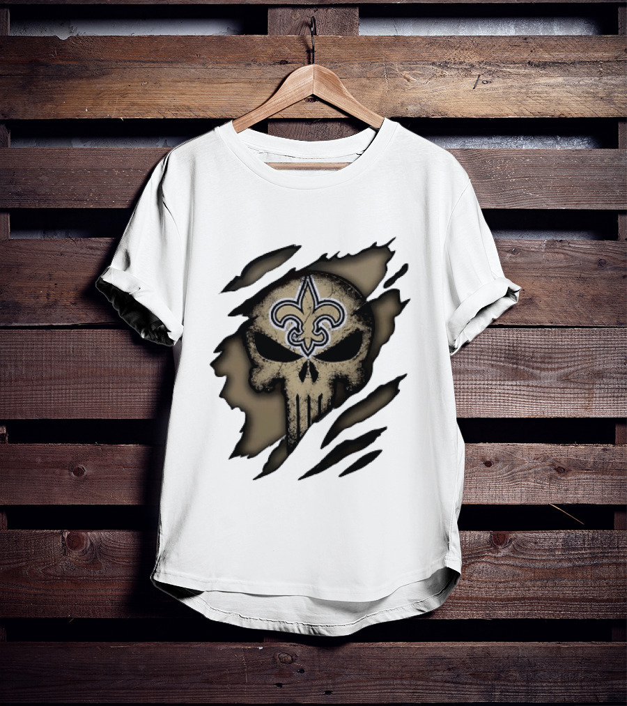 New Orleans Saints Punisher Skull Ripped Effect Fleur De Lis T-Shirt