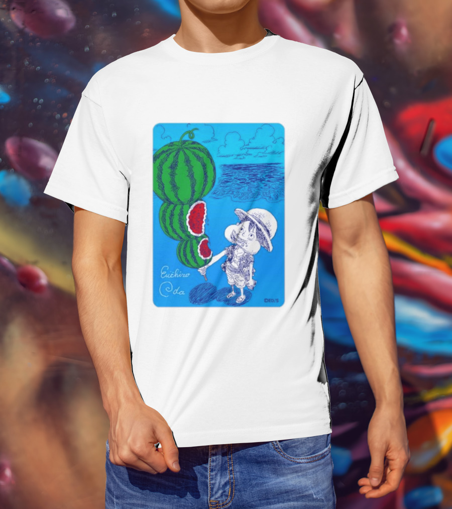 Monkey D Luffy Watermelon Eating Art By Eiichiro Oda One Piece Ocean Scene T-Shirt