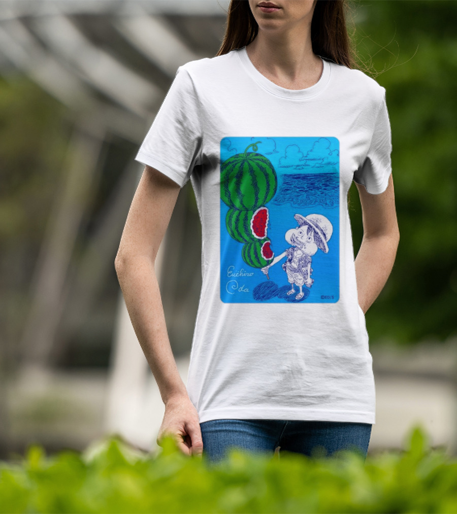 Monkey D Luffy Watermelon Eating Art By Eiichiro Oda One Piece Ocean Scene T-Shirt