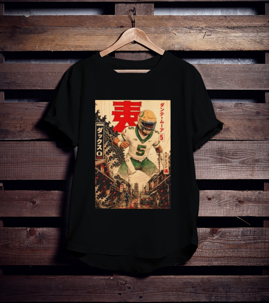 Dante Moore Number 5 Oregon Ducks Football Japanese Art Style Rugged City Scene T-Shirt