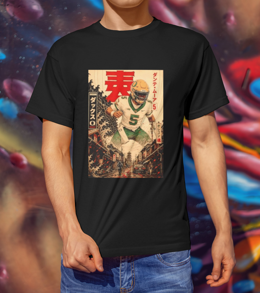 Dante Moore Number 5 Oregon Ducks Football Japanese Art Style Rugged City Scene T-Shirt