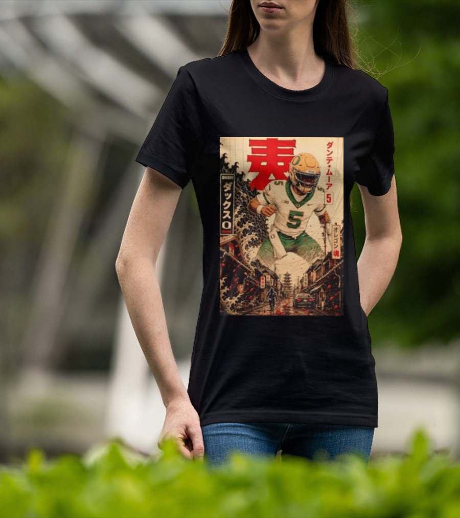 Dante Moore Number 5 Oregon Ducks Football Japanese Art Style Rugged City Scene T-Shirt