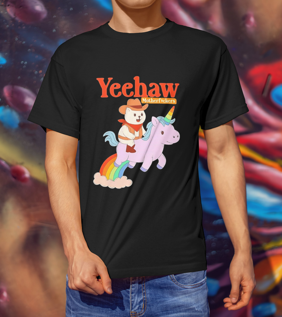 Yeehaw Motherfuckers Cat Cowboy On Rainbow Unicorn T-Shirt