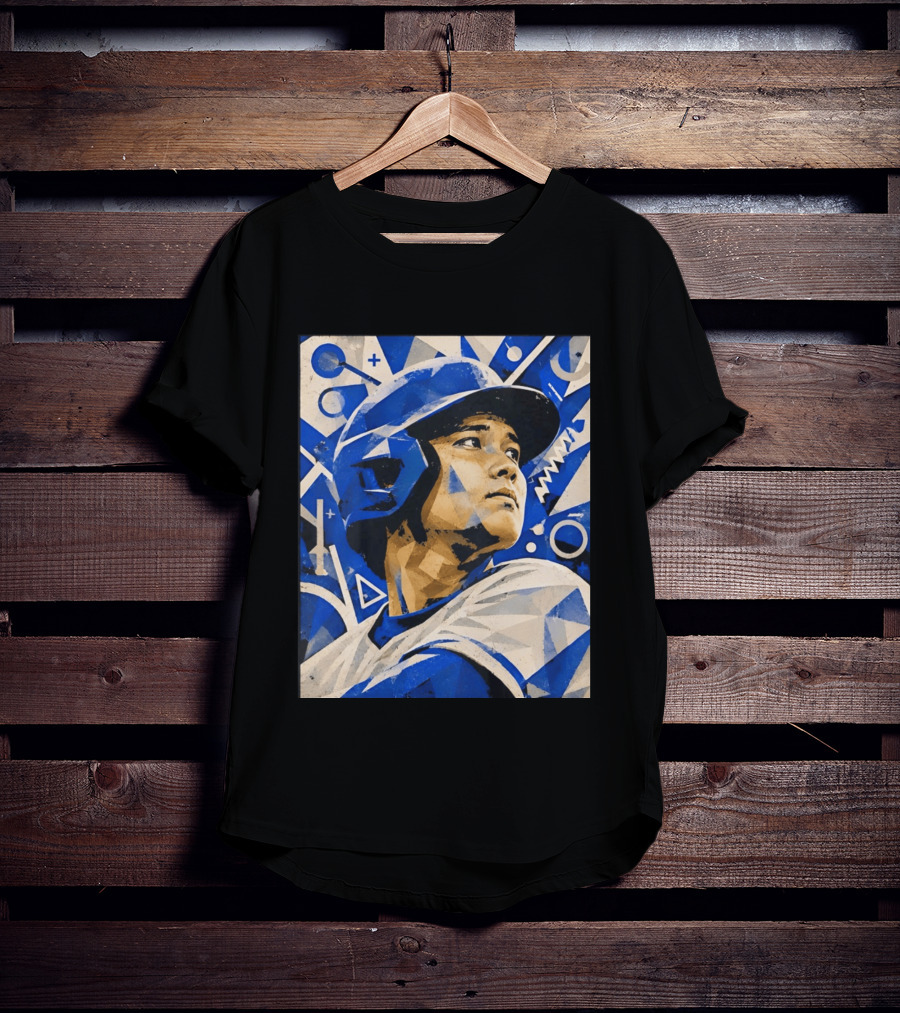 Baseball Player In Geometric Blue Abstract T-Shirt