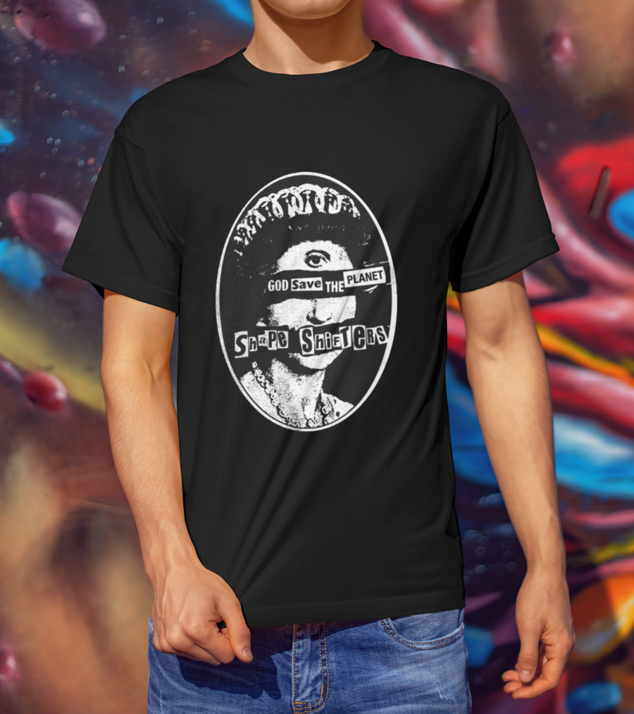 God Save The Planet Shape Shifters Queen Elizabeth Iconic Collage T-Shirt