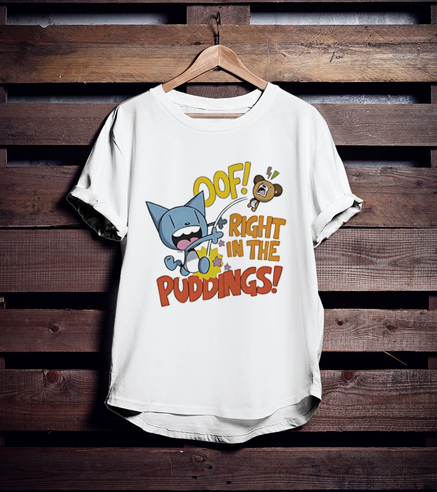 Looshkin Oof Right In The Puddings Funny Cat And Bear Cartoon Humor T-Shirt