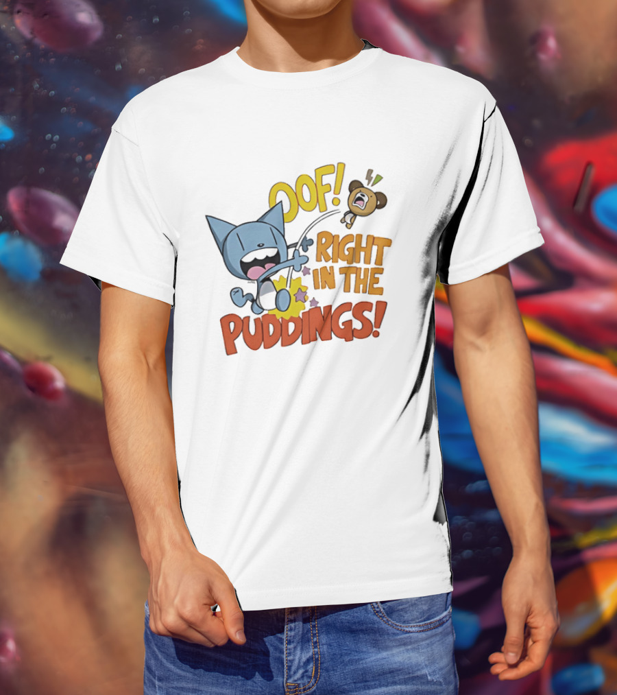 Looshkin Oof Right In The Puddings Funny Cat And Bear Cartoon Humor T-Shirt