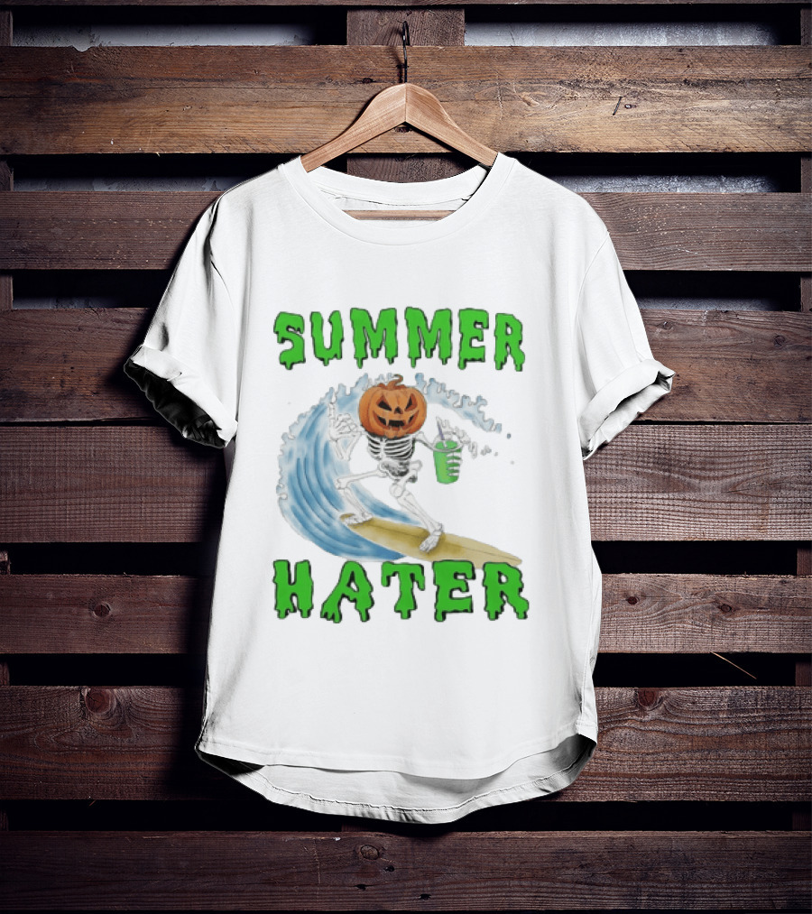 Skeleton With Pumpkin Head Surfing Wave Summer Hater T-Shirt